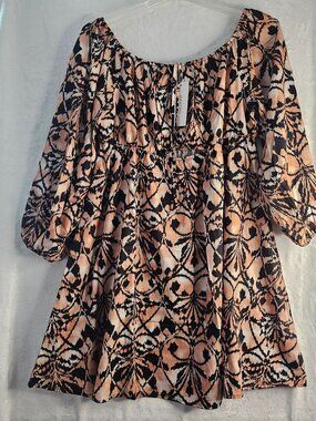 Soul Of Curves Mini Dress Black Peach Long Puff Sleeves Multi-Print Size 1XL